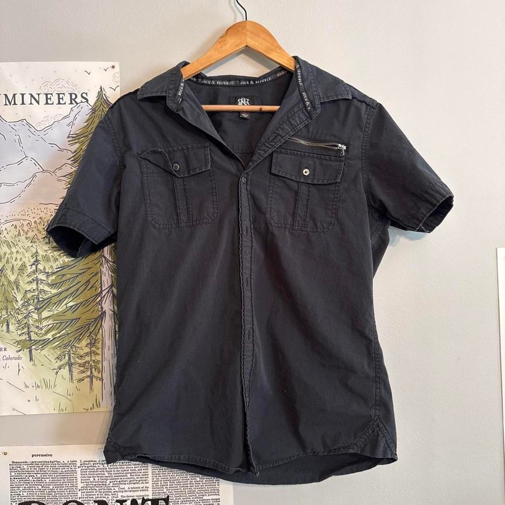 Rock & Republic Black Grunge Utility Button Up Shirt